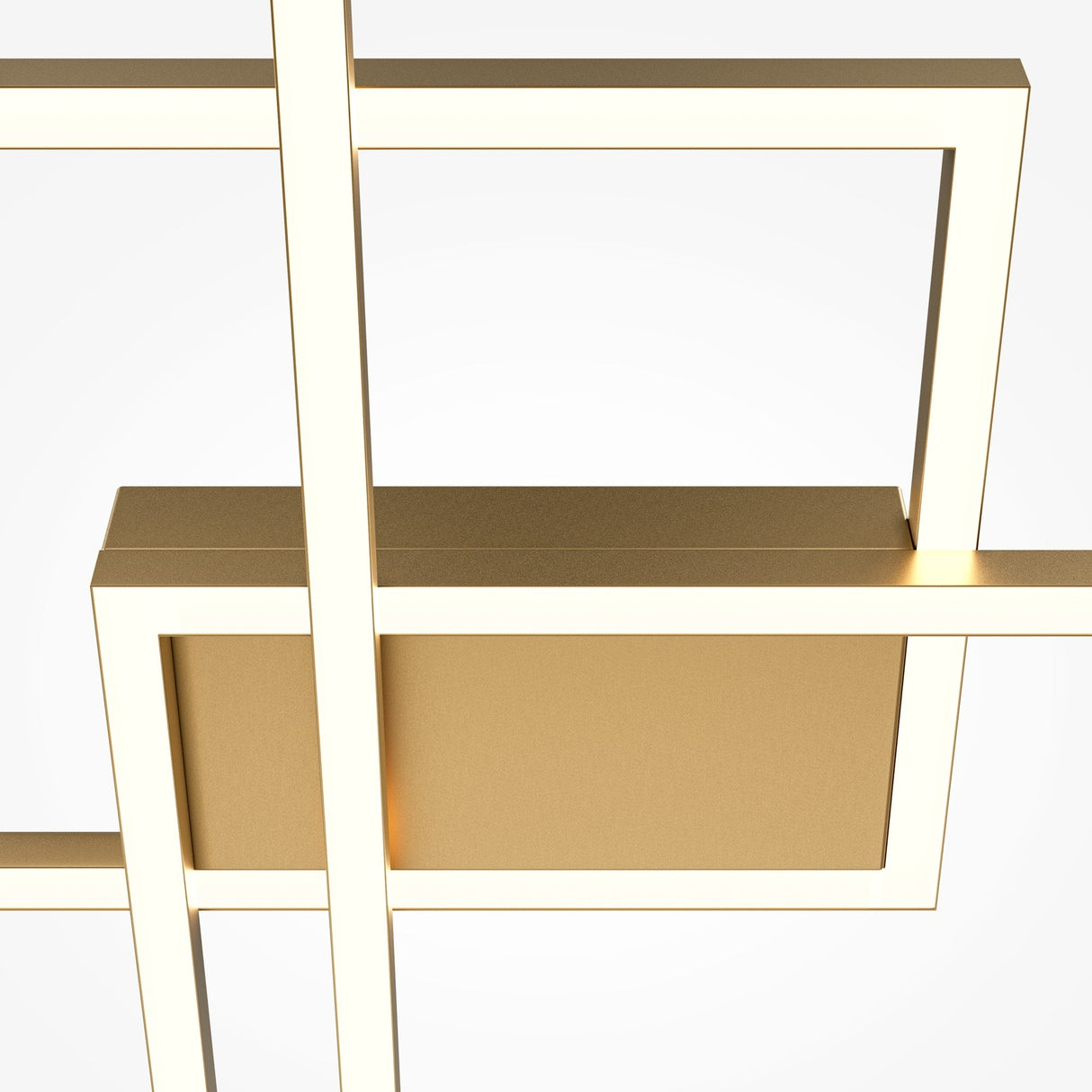 The Rida LED Flush Ceiling Light showcases a modern geometric design with overlapping rectangular shapes in gold and white. Its sleek white backdrop is accentuated by clean lines and an elegant gold finish.
