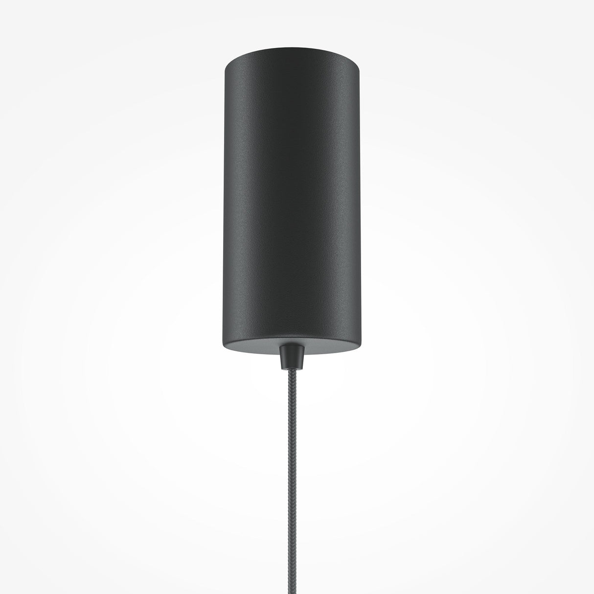 The El LED Round Tablet Pendant Light - Black With Plate features a sleek, cylindrical design with a textured finish. It hangs vertically from its cord against a plain white background, emphasizing its minimalist and modern aesthetic along with energy-efficient LED lighting.