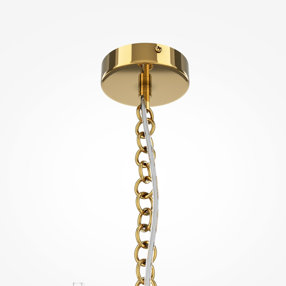 A close-up of the Frame 6 Light Chandelier - Gold shows a gold and silver chain linked to a glossy gold ceiling mount. Its elegantly curved chain complements the clear glass tubes, creating a sophisticated look against the minimalist white background.