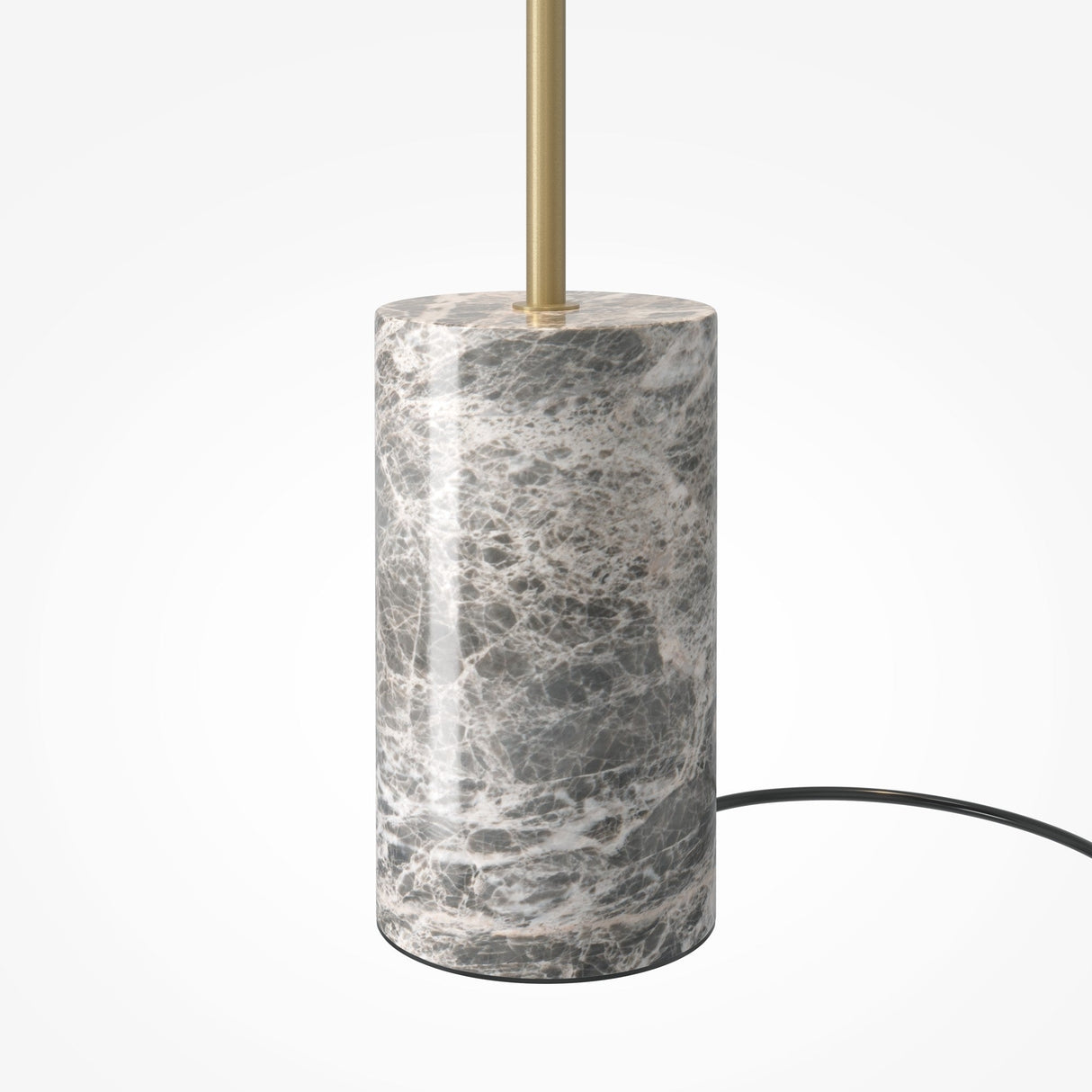 The Kyoto LED Floor Lamp - Gold & Grey showcases a cylindrical marble base in elegant gold and grey, with a marbled pattern. A sleek brass rod enhances its Japanese design, while a black cord subtly extends from the side against a plain white background.