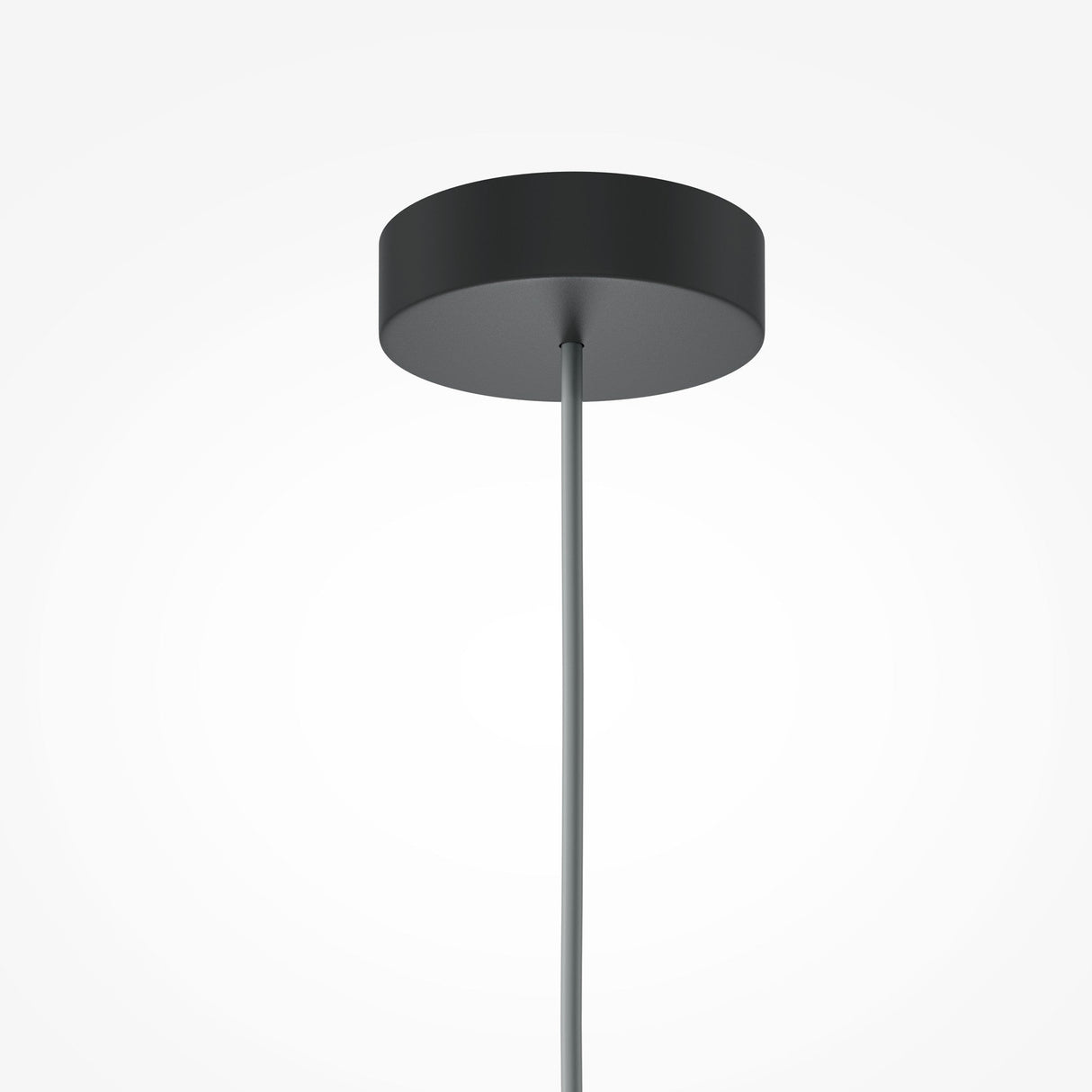 The Kyoto Pendant Light - Black & Black Marble Base, with its sleek design, features a black circular canopy mounted on a white ceiling. A single grey wire extends downward from the center, adding customizable lighting elegance.