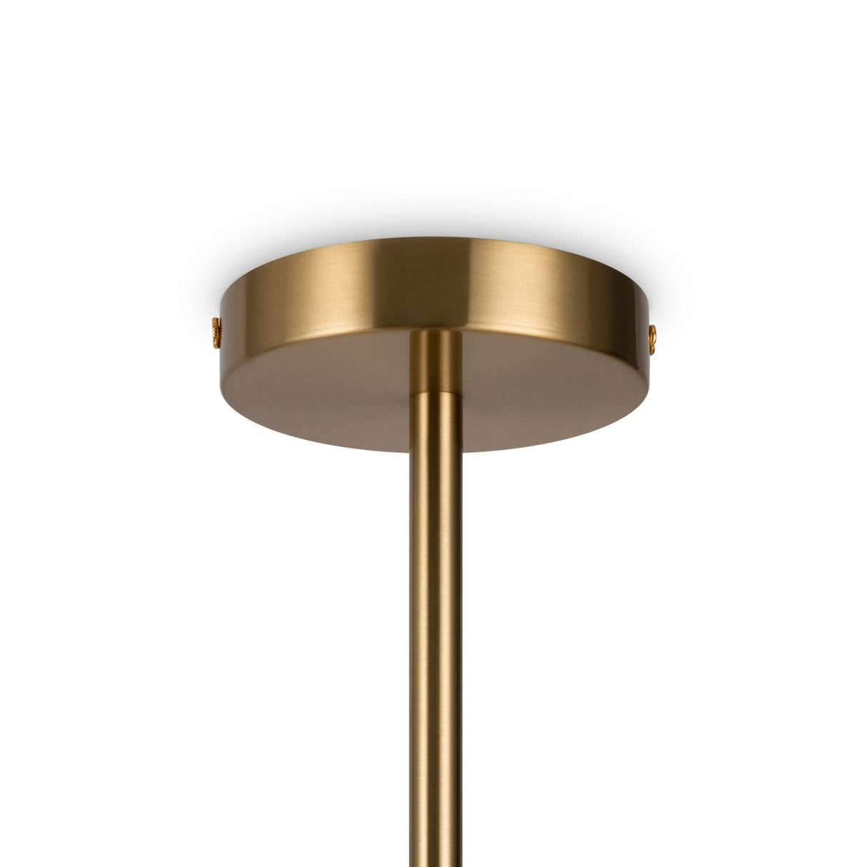 The Marble 8 Light Chandelier - Brass features a modern metallic design with a sleek cylindrical rod hanging from its round brass base, showcasing minimalistic elegance.