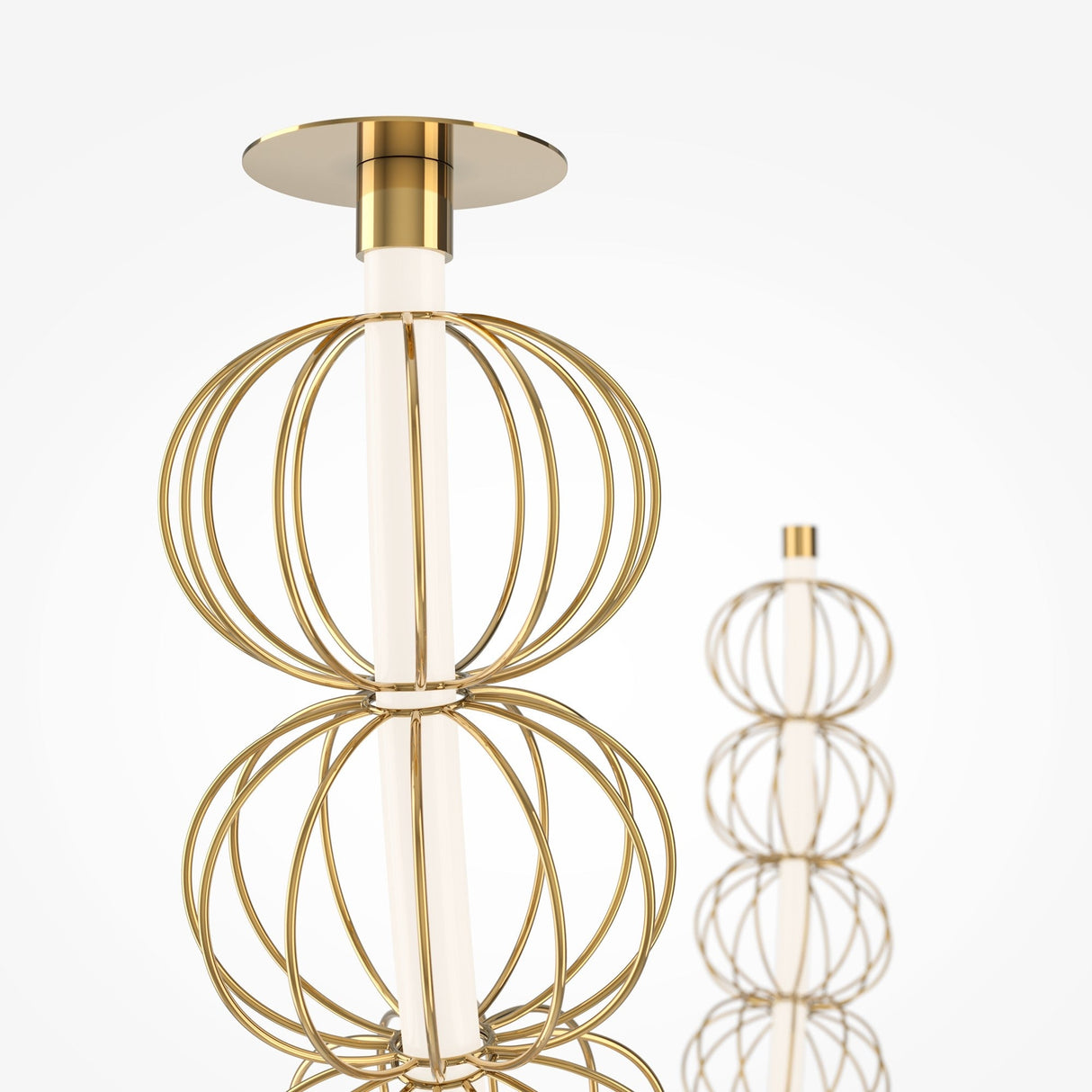 Two Golden Cage LED Cord Wire Hidden-Mount Suspension Lights in gold, with minimalist stacked spherical wireframe designs, feature vertical central supports; one appears larger and closer, while the other is smaller and further back.