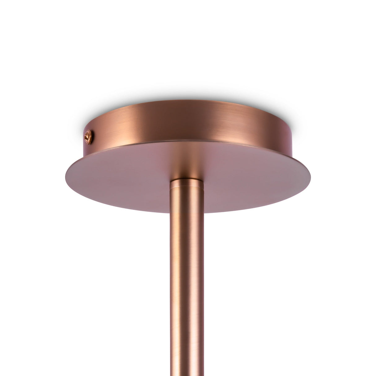 Close-up of the Erich 8 Light Chandelier in gold, featuring a sleek cylindrical rod and adjustable height. Its smooth brushed finish and round base enhance the minimalistic and modern design.
