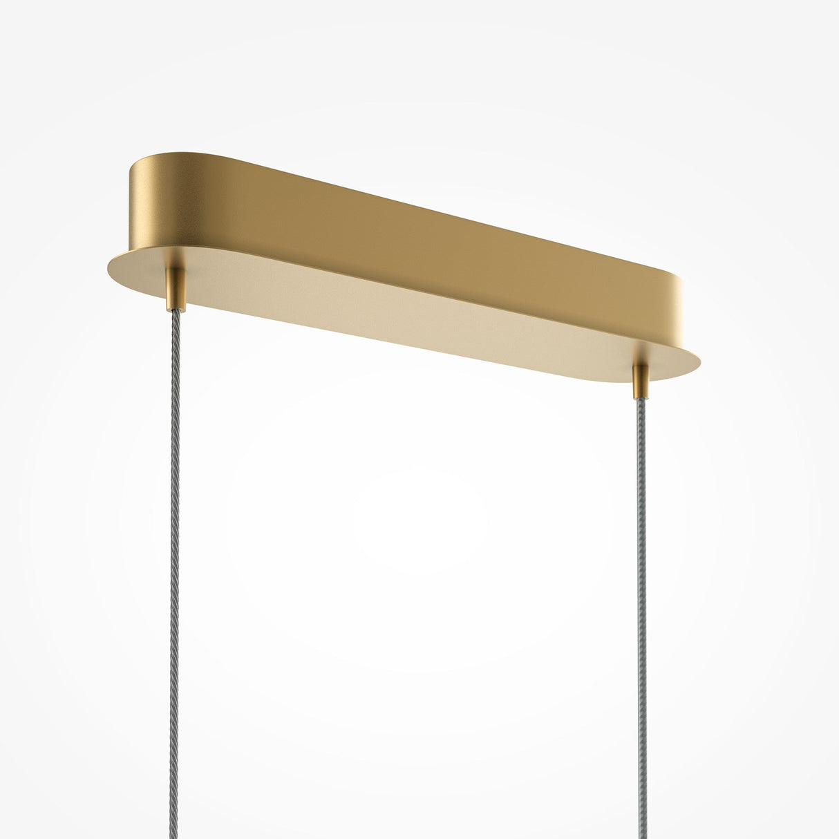 A sleek, brass Light Reflection LED Dimmable Linear Suspension Light 2600-3500K hangs on two thin cables against a white backdrop. Its minimalist design offers a contemporary and elegant look, ideal for a customizable lighting experience.
