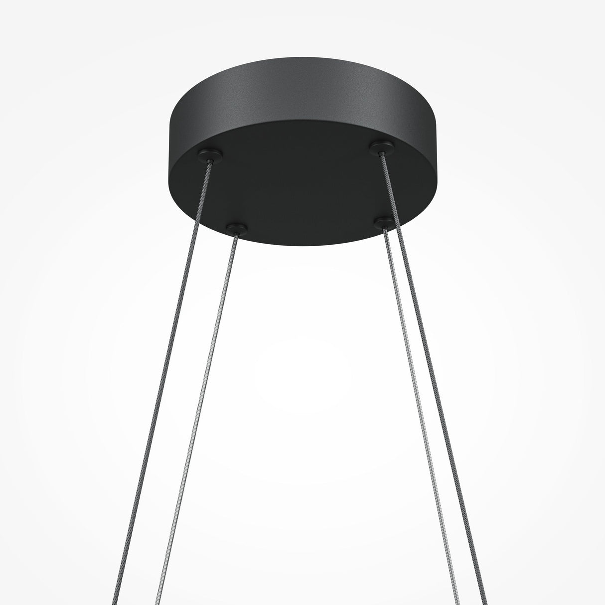 The Halo Dimmable LED Suspension Light 3000-4000K in black features a sleek circular fixture with four cables, offering energy-efficient and customizable ambiance against a plain background.