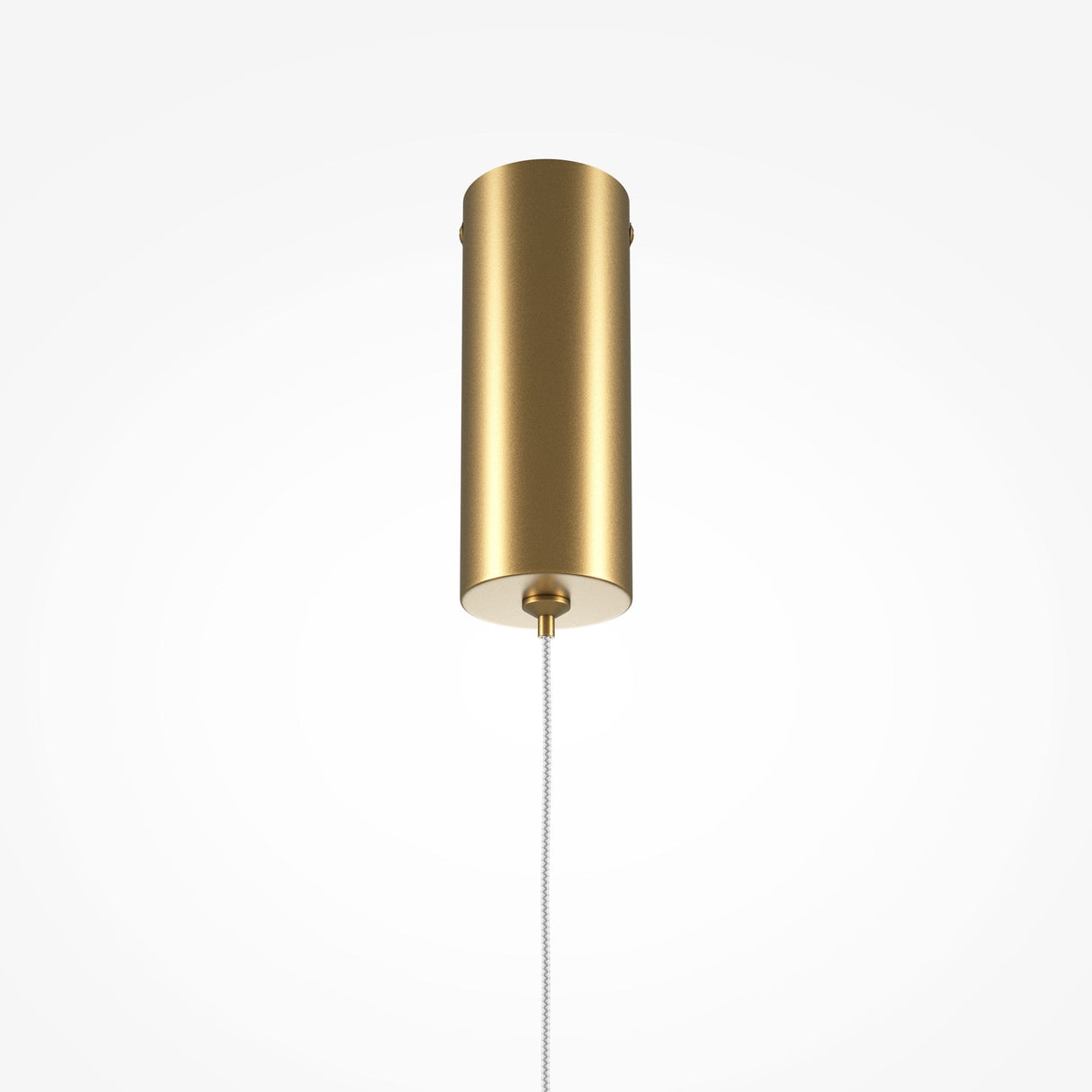 The Halo Dimmable 15W LED Long Slim Pendant Light in brass features a minimalist cylindrical design with a pull chain, adding elegance to its dimmable functionality, set against a plain white background.