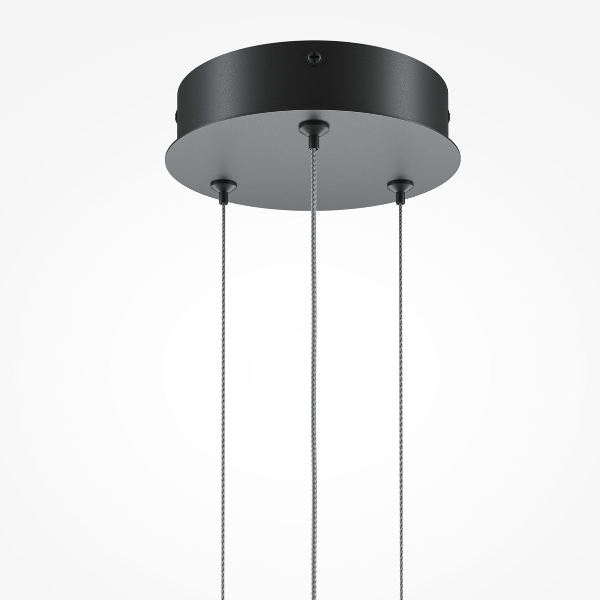The Halo Dimmable LED Linear Circle Suspension Light in sleek black features three elegantly hanging cables with a geometric design against a white background, offering adjustable pendant height for versatile lighting from 3000-4000K.
