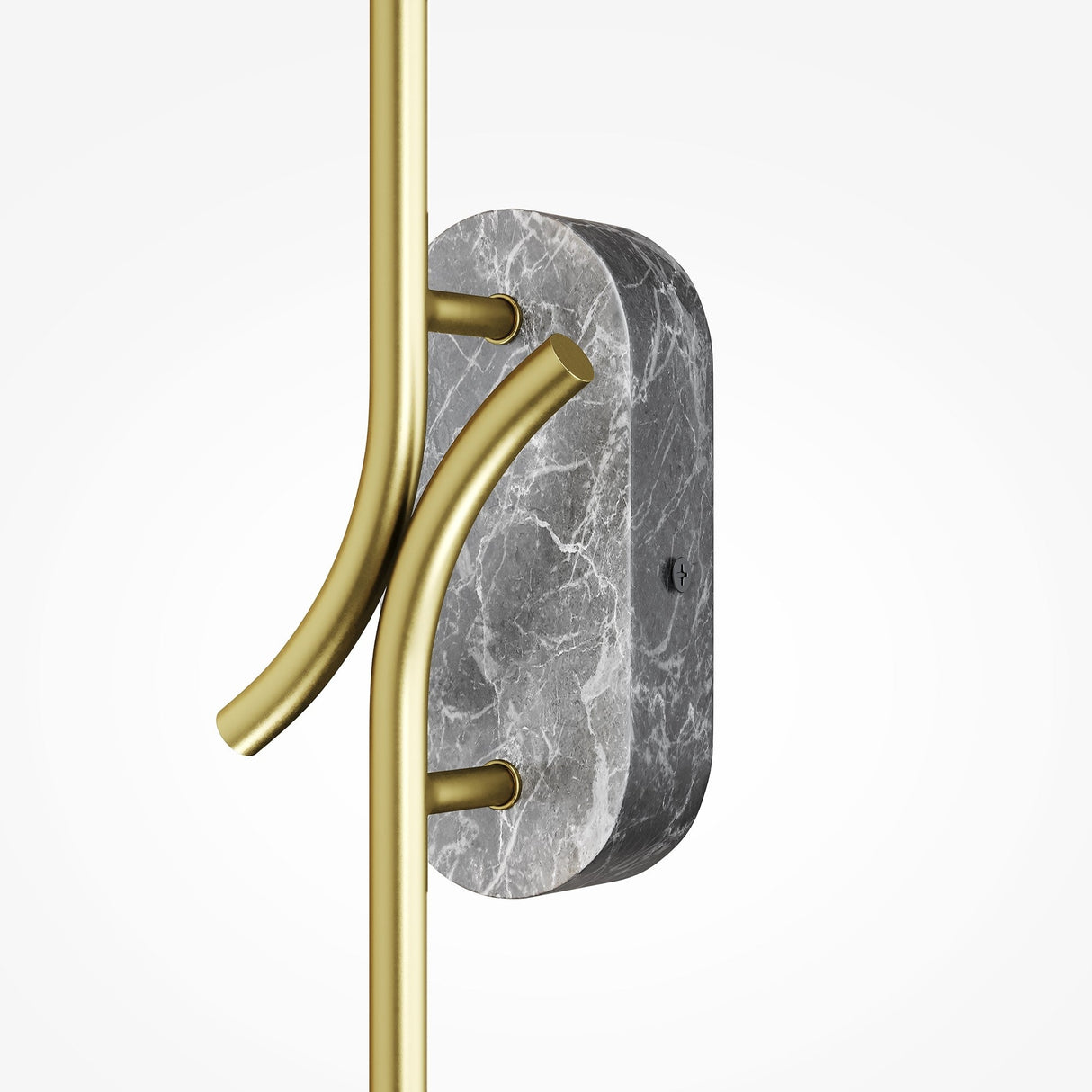 The Renaissance LED Wall Light - Brass & Grey Marble showcases a sleek, modern design. A curved metallic gold structure rises elegantly from its rectangular brass and gray marble base with visible veins, all set against a white background.