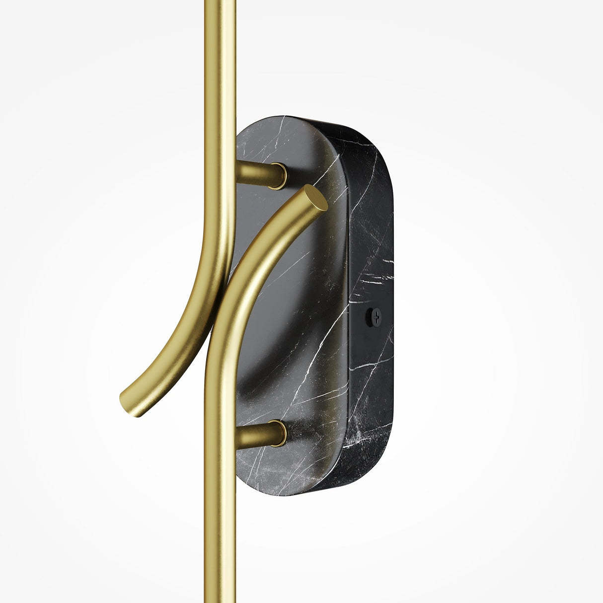 A modern wall-mounted coat hook with a sleek black rectangular base and two curved brass hooks evokes the minimalist elegance of the Renaissance LED Wall Light in Brass & Black Marble, set against a plain white background.