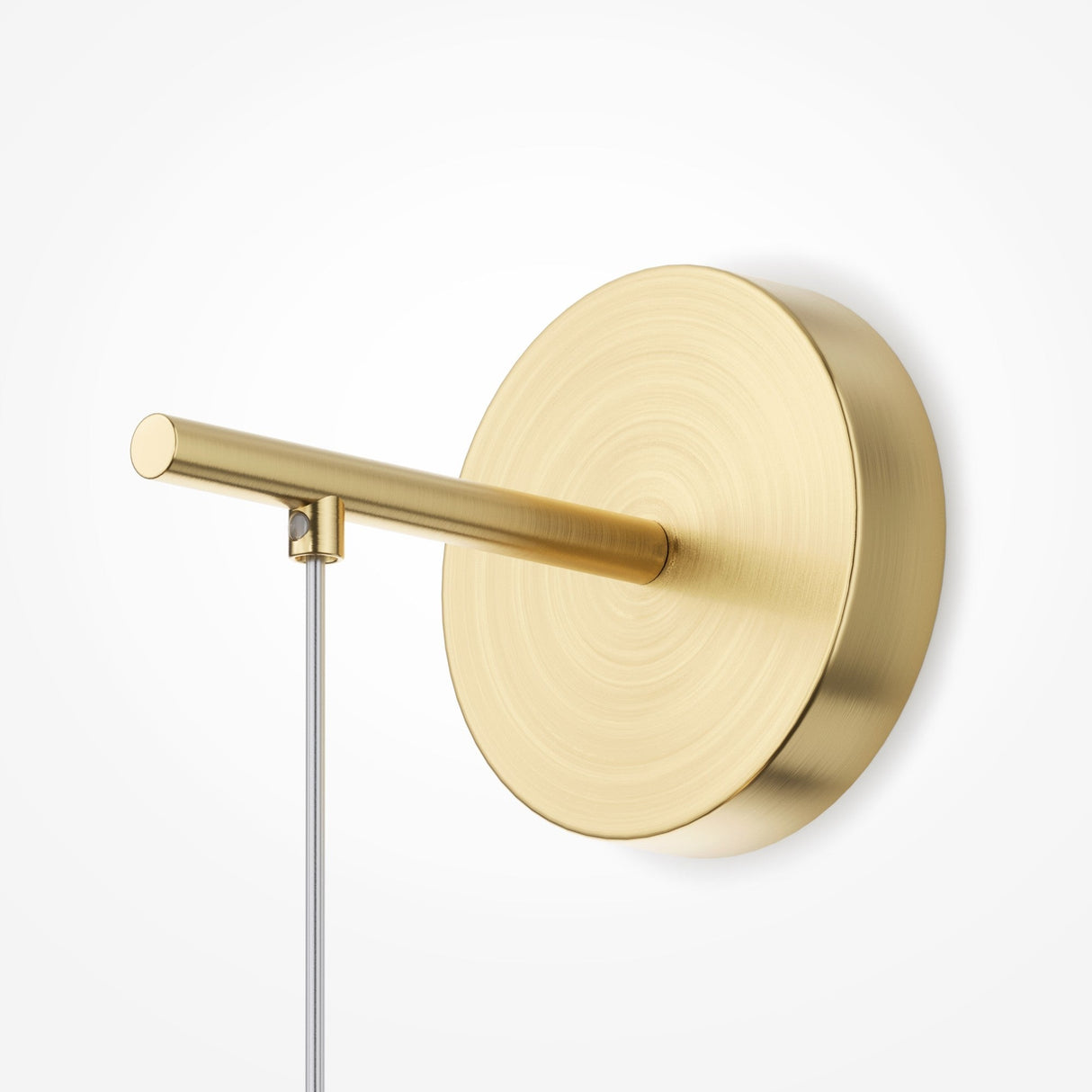 Illuminate your space with the energy-efficient Pattern LED Wall Light - Gold. It features a circular base, horizontal rod-like arm, and vertical cable in an elegant design against a plain white background.