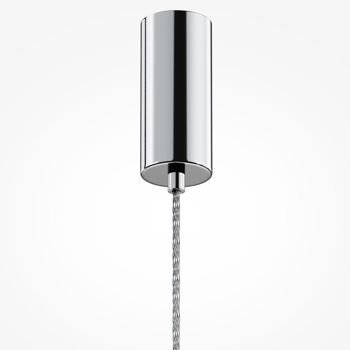 Close-up of the Ordo LED Short Pendant Light, showcasing a chrome finish and sleek design. A braided metal cable connects to its clear cylindrical glass, harmonizing beautifully against a plain white background.