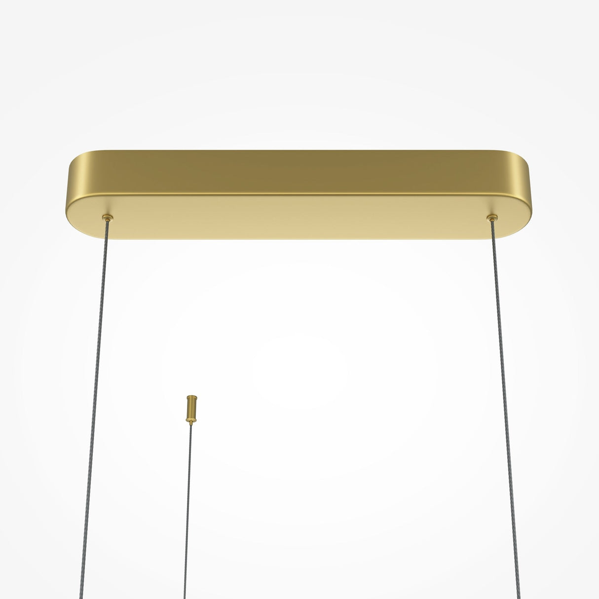 Close-up of the Radiance LED Extra Long Suspension Light - Gold, showcasing a gold rectangular base. Two thin cables provide energy-efficient lighting and a minimalist look against a white backdrop.