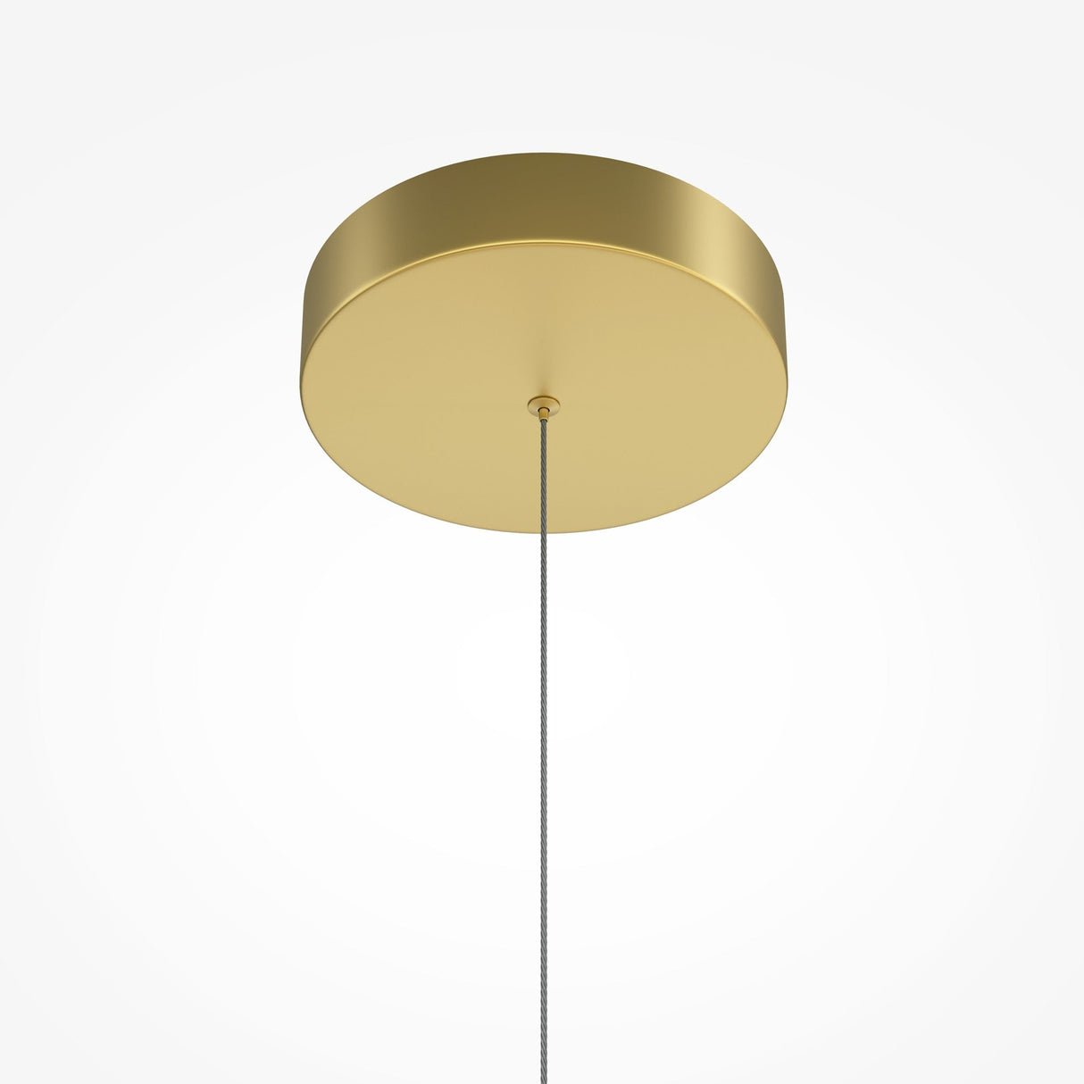 The Radiance LED Suspension Light - Gold features a minimalistic design with a round satin brass ceiling canopy and a sleek silver cord, all set against a plain white backdrop.