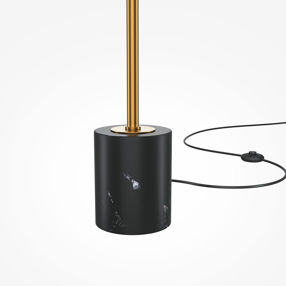 The Breeze LED Floor Lamp - Brass features a modern design with a black marble base, brass-finished gold rod, and energy-efficient lighting. A black power cord with a switch accompanies it on a pristine white background.