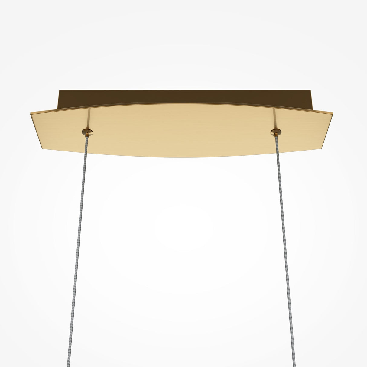 The Breeze LED Suspension Light - Brass features a wooden panel suspended by vertical cables from a dark ceiling fixture on a white background, offering energy-efficient illumination with a touch of elegance.