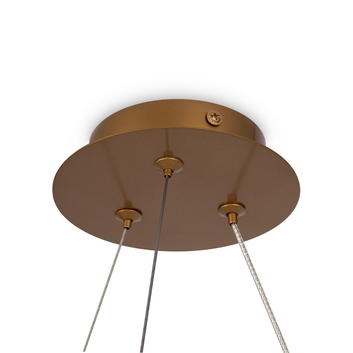 Close-up of Balance 4 Light Suspension featuring a modern luxury design with a gold base and three cables. The circular matte finish base resembles a gold light fixture, secured to the ceiling with visible screws.