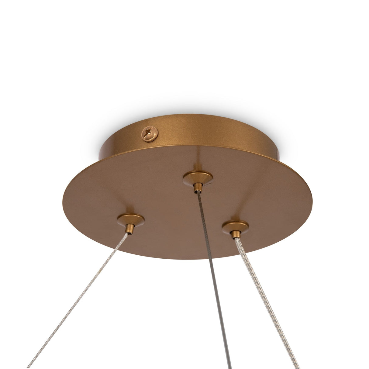 Close-up of the Balance 6 Light Suspension in gold, featuring a minimalist design with three hanging opal globes attached by cords against a white background.