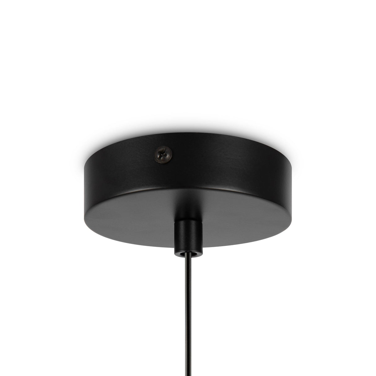 The Basic Form Globe Pendant Light 20cm features a black circular base with a metal frame. It includes frosted white glass elements and is mounted flush against the white ceiling, characterizing it as a stylish globe pendant light.