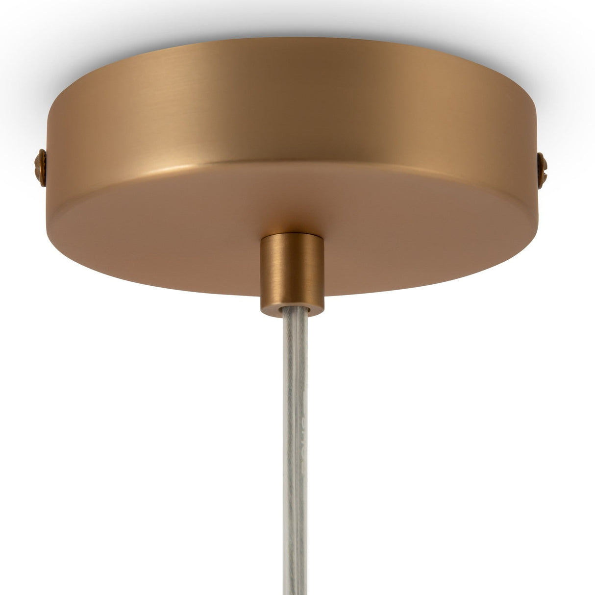 Close-up of the Basic Form Globe Pendant Light 20cm in gold with frosted white glass, featuring a round fixture mounted flush to a white ceiling with an adjustable suspension rod extending downward.