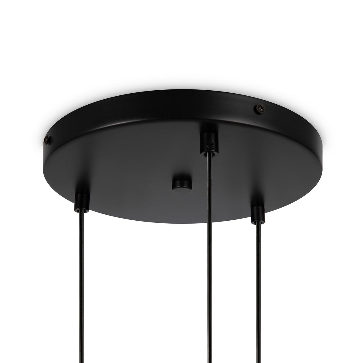 The Basic Form 3 Light Cluster Pendant features a sleek black circular mount and three cords, offering a minimalist and modern design with industrial flair.