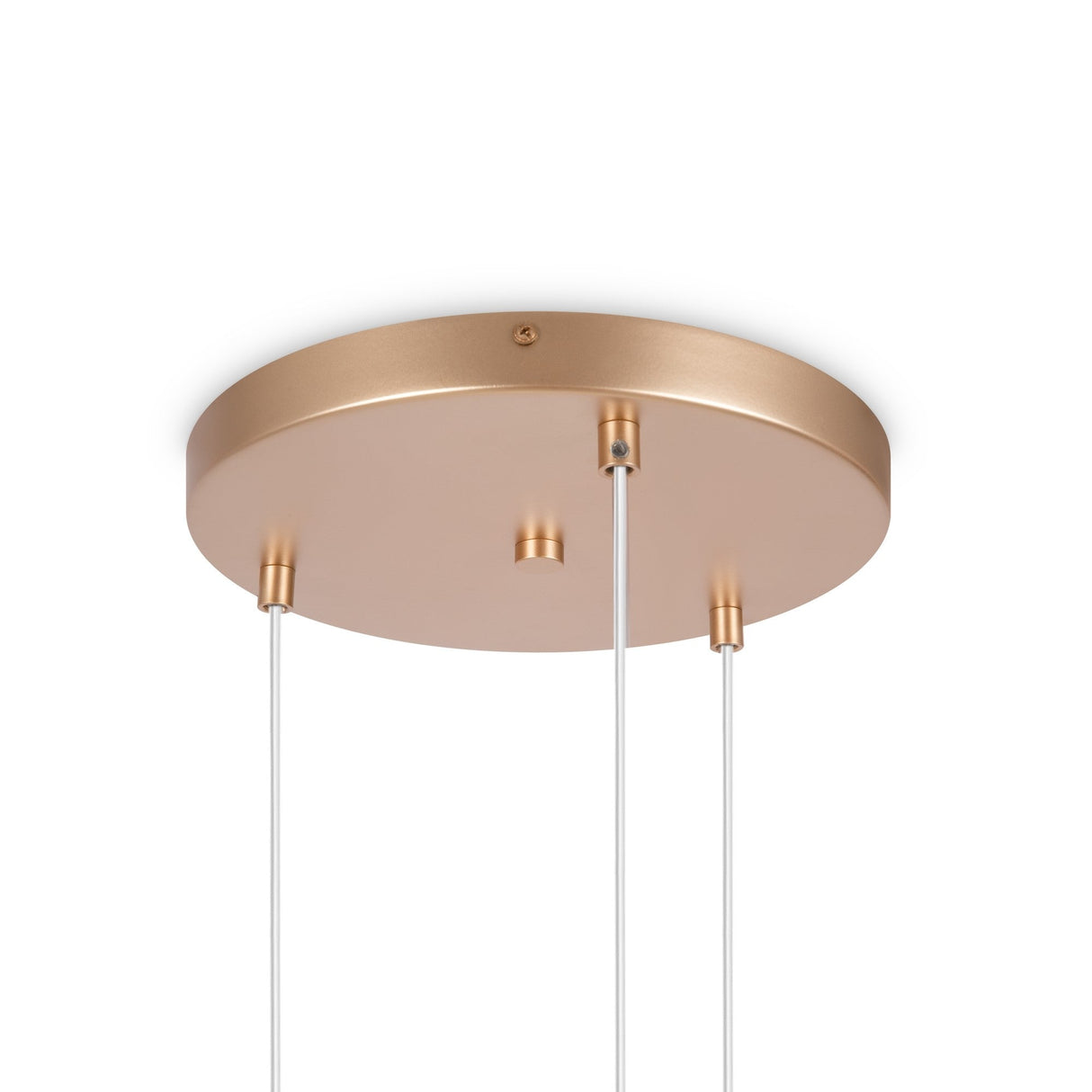 The Basic Form 3 Light Cluster Pendant features a circular gold ceiling mount with three wires, showcasing opal glass shades against a white background.