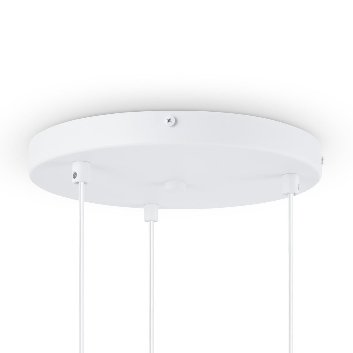 The Basic Form 3 Light Cluster Pendant in white and gold embodies minimalist elegance with its round base and trio of thin cables. Ideal for modern interiors, it mounts seamlessly against a plain white ceiling.