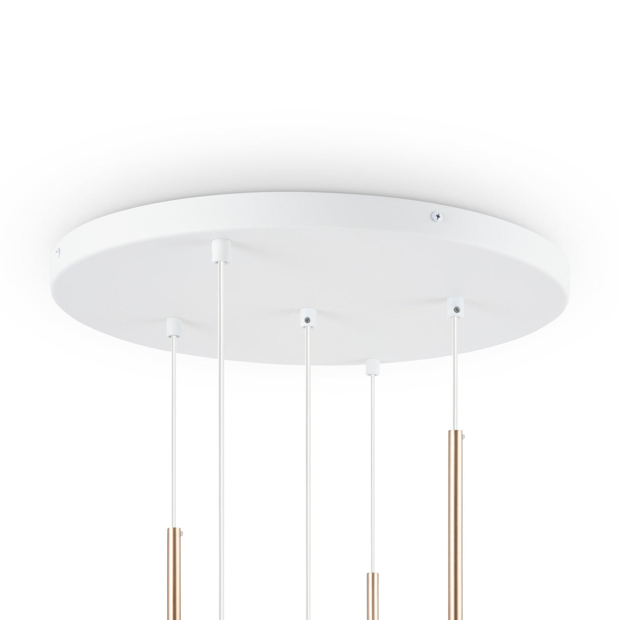 Close-up of the Basic Form 5 Light Cluster Pendant in white and gold, featuring a round white base, slender rods, and frosted opal glass globes. This minimalist design highlights clean lines and contemporary style.