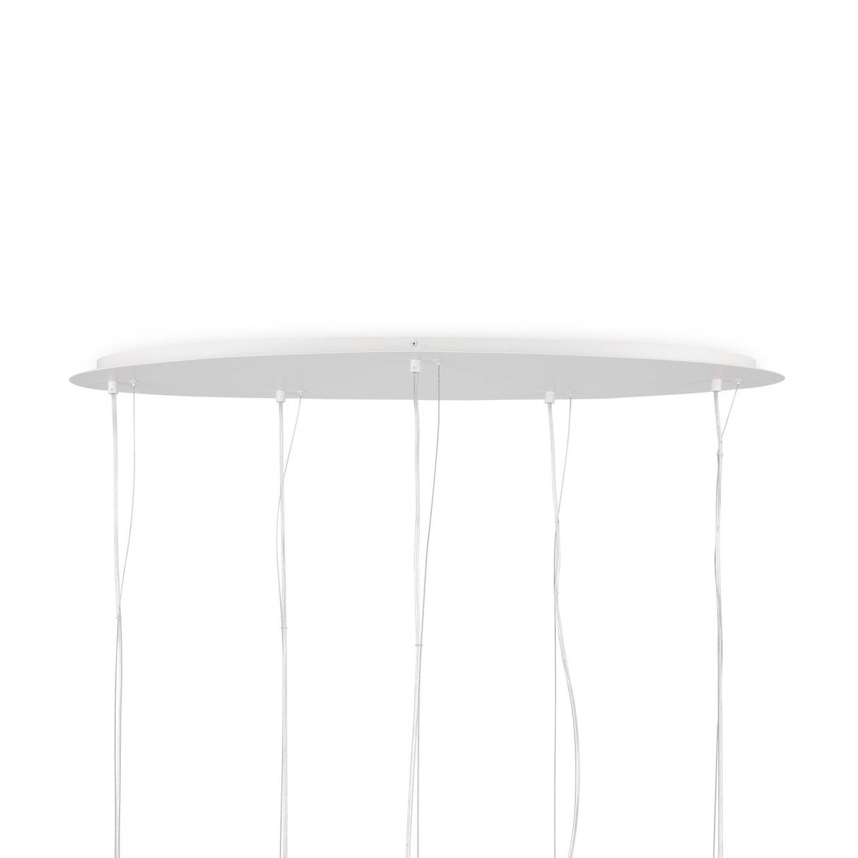 The Basic form 5 Light Plate Cluster Pendant - White offers a minimalist design with a large circular white base and frosted opal glass globes suspended by thin wires, providing a modern, sleek look that embodies contemporary elegance against a white background.