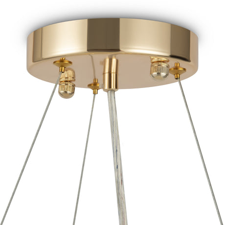 The Tissage 7 Light Chandelier - Gold is a modern ceiling mount with a geometric design, featuring three adjustable cables. Its sleek, chandelier-inspired structure has a shiny finish and visible screws for the downward-extending cables.