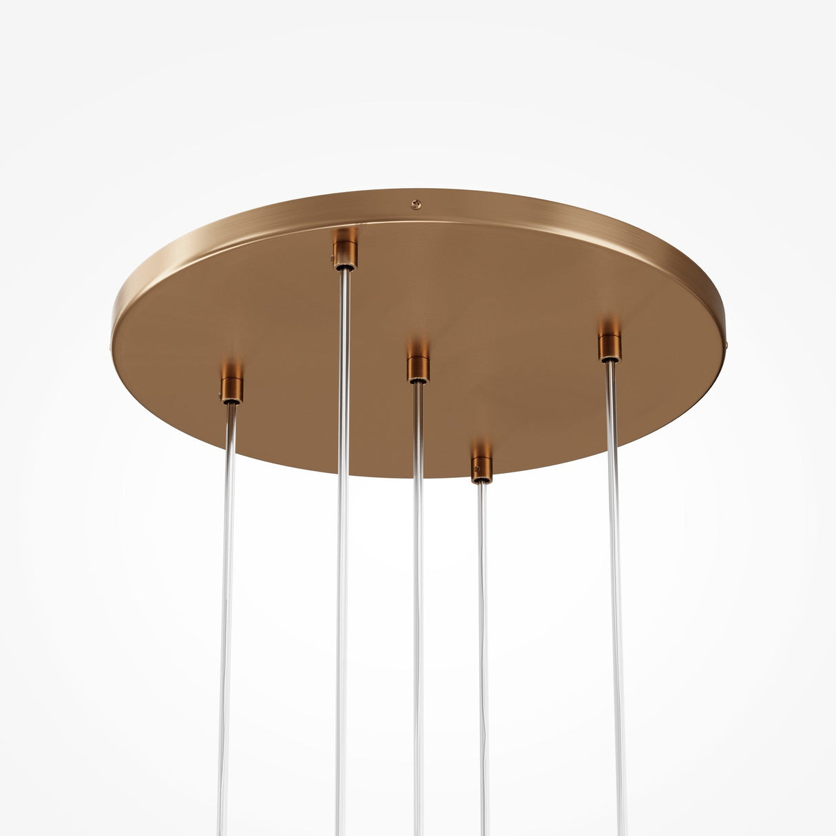 The Basic Form 5 Light Cluster Pendant in gold features a modern, minimalist design with five thin rods and smooth metallic surfaces. Its contemporary style is highlighted against a plain white background.