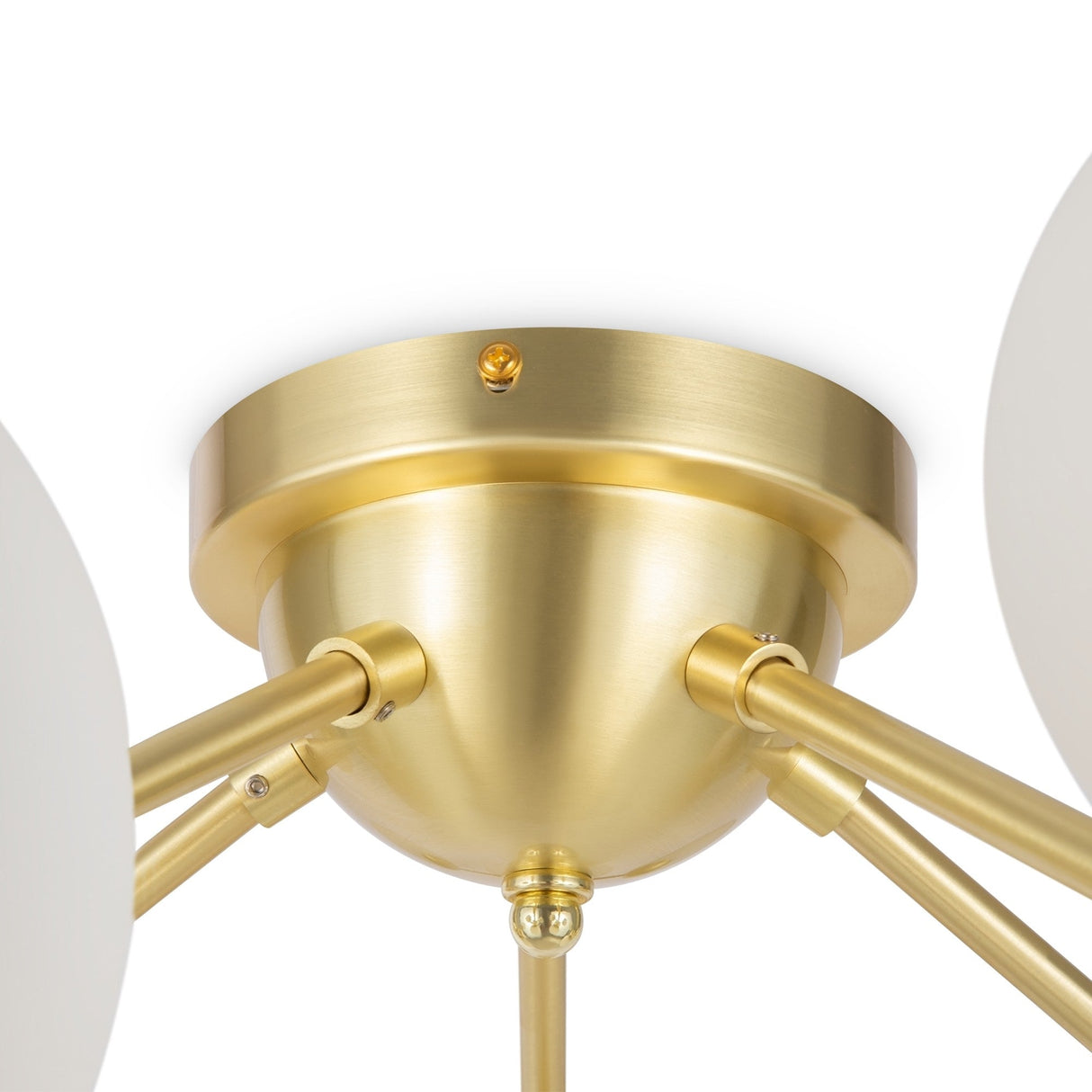 Close-up of the Dallas 20 Light Semi-Flush - Brass With White Glass, a gold ceiling fixture showcasing modern elegance with multiple rods extending outward, polished brass rods connecting to spherical white glass covers for a sophisticated look.