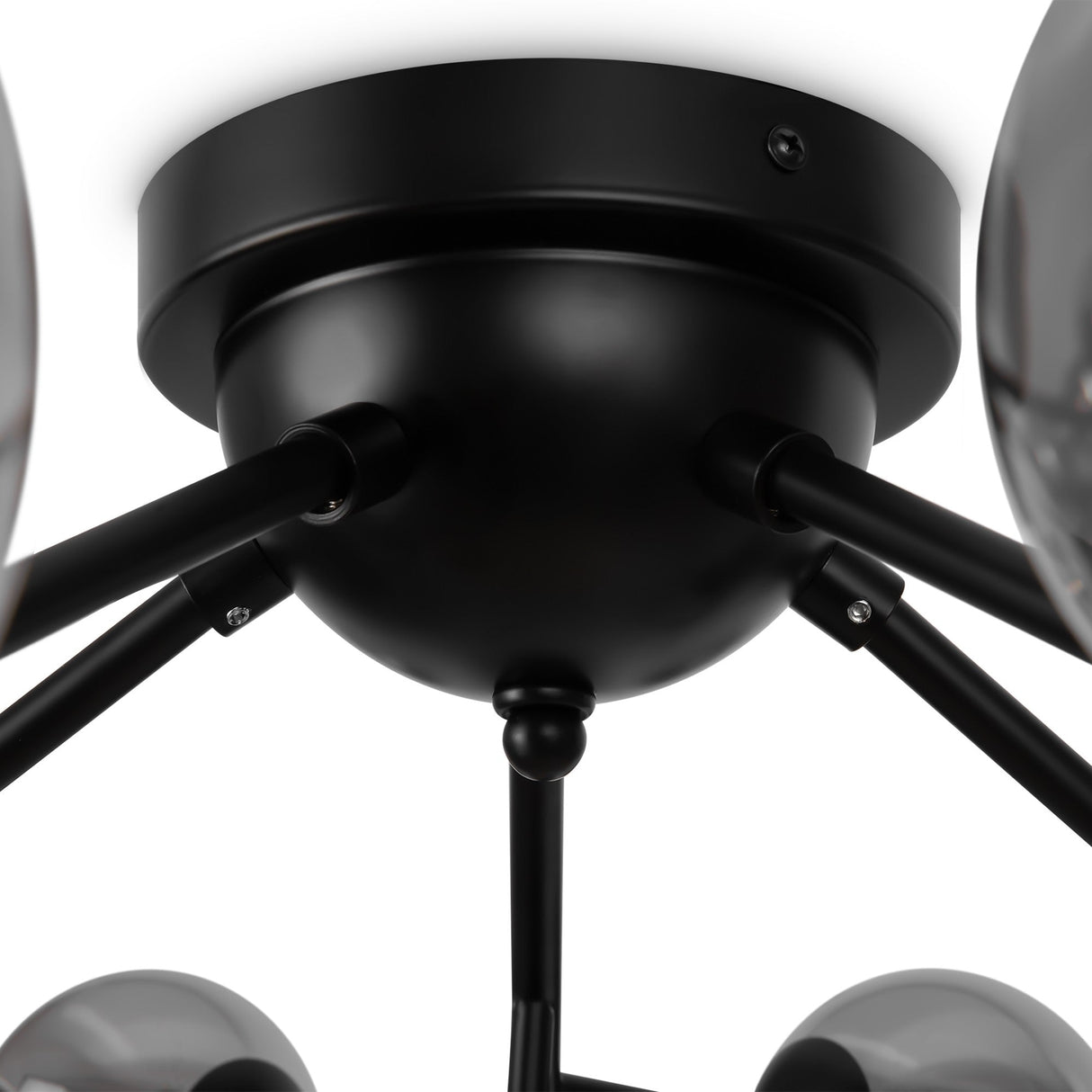 Close-up of the Dallas 20 Light Semi-Flush in black, showcasing circular rods from a central cylindrical base. The design is sleek and minimalistic, highlighting its industrial style with contemporary smoked glass elements.