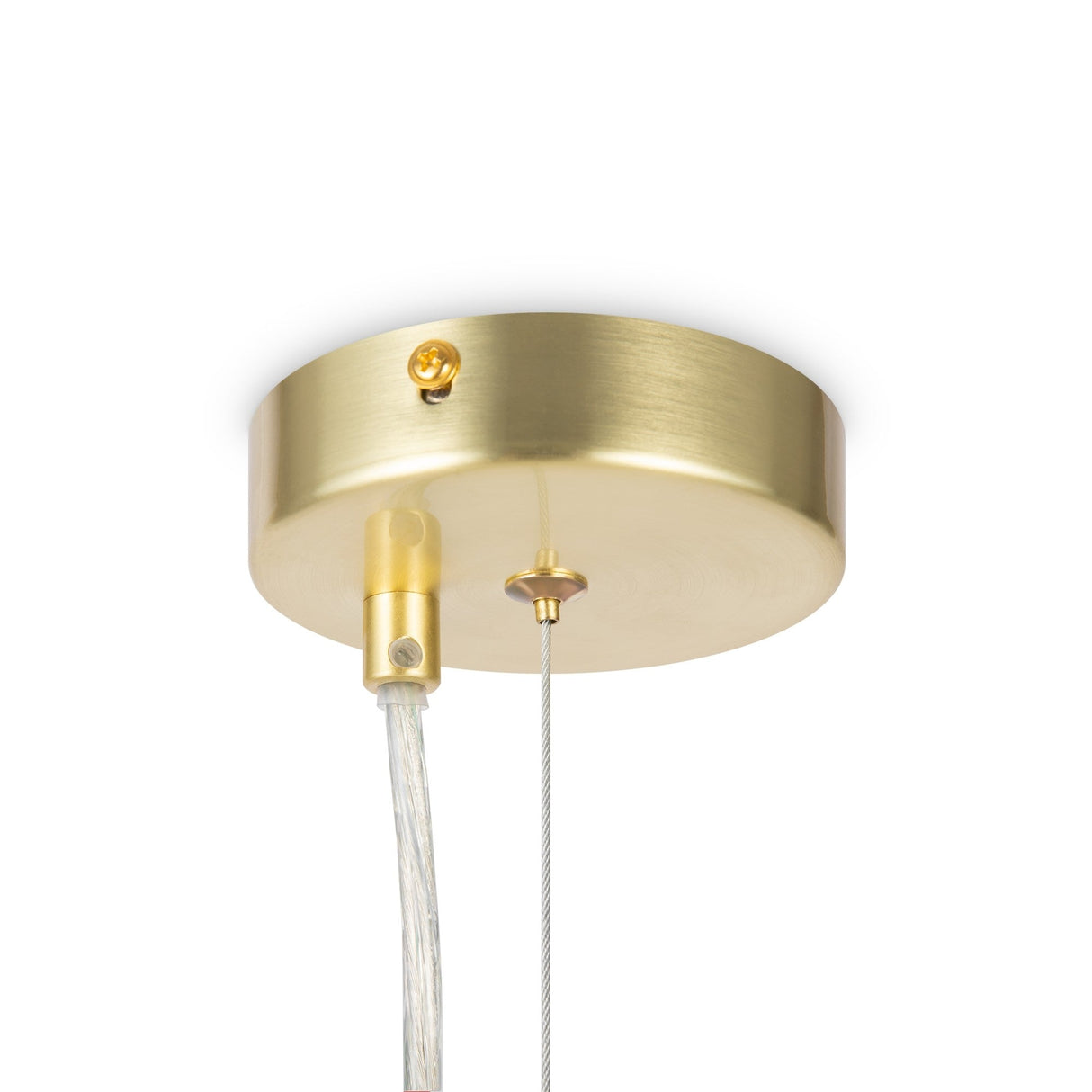 The Dallas 6 Light Drop Suspension in gold features smooth, matte-finished circular design with two cables—one covered, one metal wire. It includes elegant white glass spheres and a small protruding screw on the side.