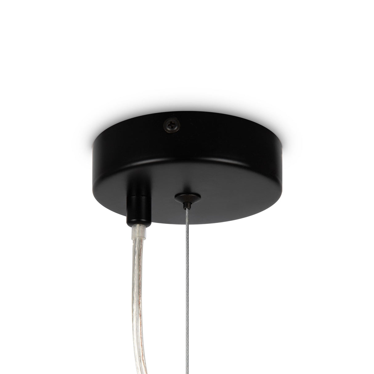 A black ceiling light fixture with a sleek, cylindrical base and smoked mirrored glass spheres hangs from two cables—one clear, one metallic—mounted on a white ceiling, exuding the elegance of the Dallas 6 Light Drop Suspension.