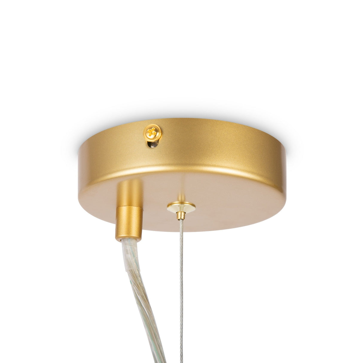 Close-up of a gold Dallas 6 Light Drop Suspension with amber mirrored glass spheres. The round-base fixture, viewed against a white background, has adjustable height and two cables, one encased in clear material.