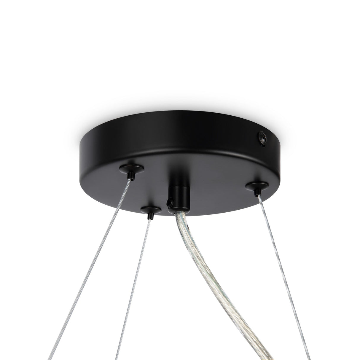 The Dallas 11 Light Suspension features a black circular ceiling mount with three silver cables supporting a smoked glass suspended fixture, ideal for contemporary interiors.