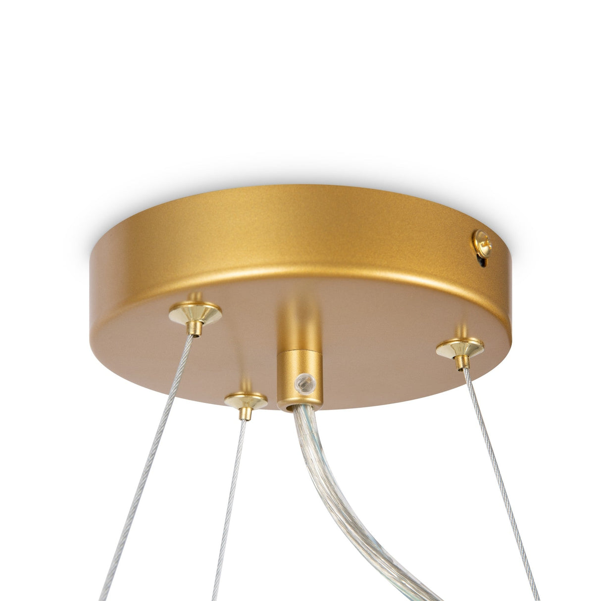 The Dallas 11 Light Suspension features a gold ceiling mount with a smooth, circular finish. Three transparent cables extend downwards, perfectly complementing the amber glass dome lamps.