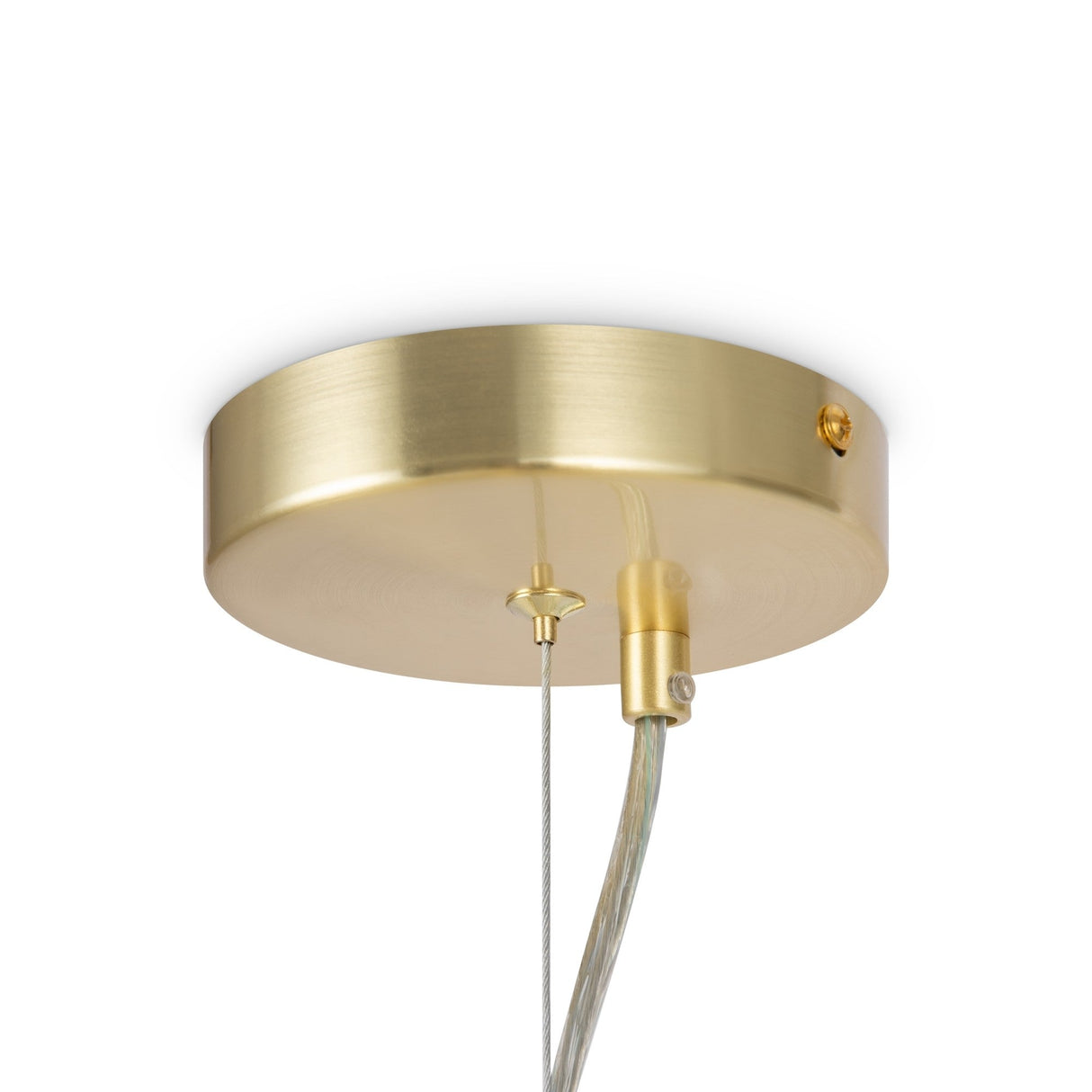 Close-up of the Dallas 24 Light Chandelier - Gold With White Glass reveals a round, brushed brass fixture with visible wiring. It flaunts a sleek modern design with a cylindrical canopy, golden finish, and central cable attachment.