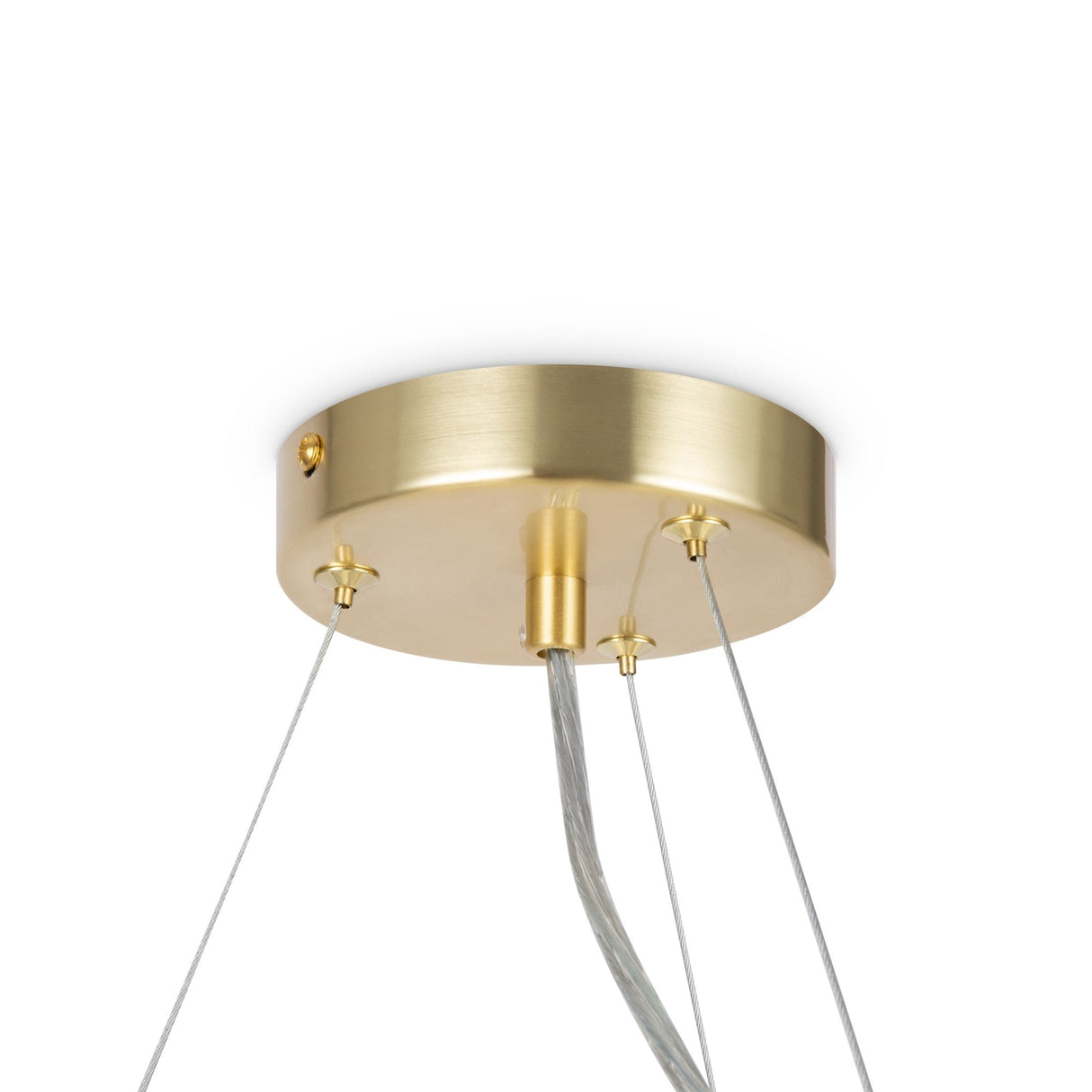 The Dallas 25 Light Suspension in gold with a white shade exudes modern elegance, featuring a golden ceiling fixture and multiple cables gracefully extending downward against a crisp white background.