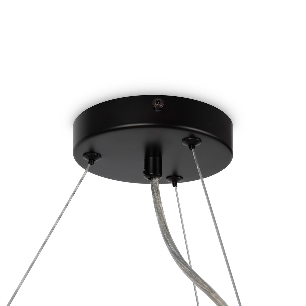 A close-up of the Dallas 25 Light Suspension in black with smoky glass, featuring a round base that exudes modern sophistication. Multiple downward-extending wires are suspended from various base points, contrasting against the white ceiling.