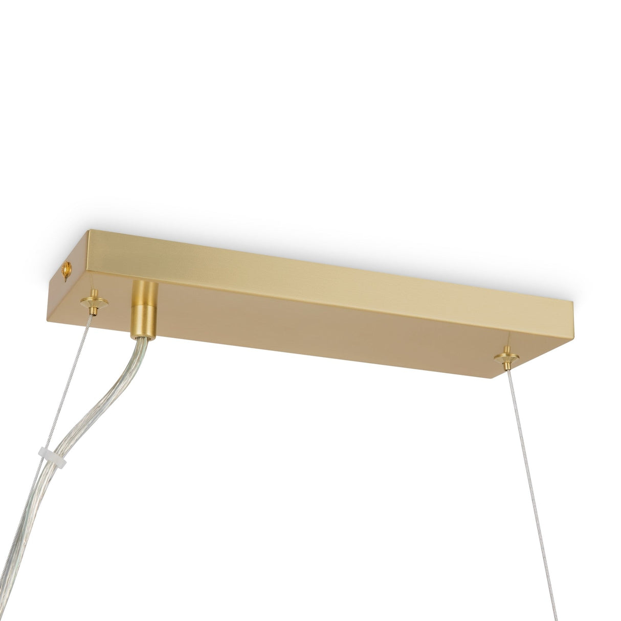 The Dallas 25 Light Linear Suspension in gold with white glass is a rectangular ceiling fixture featuring sleek, modern lighting elements. It hangs from two thin wires and mounts directly on the ceiling, combining gold and white glass for a stylish contemporary look.