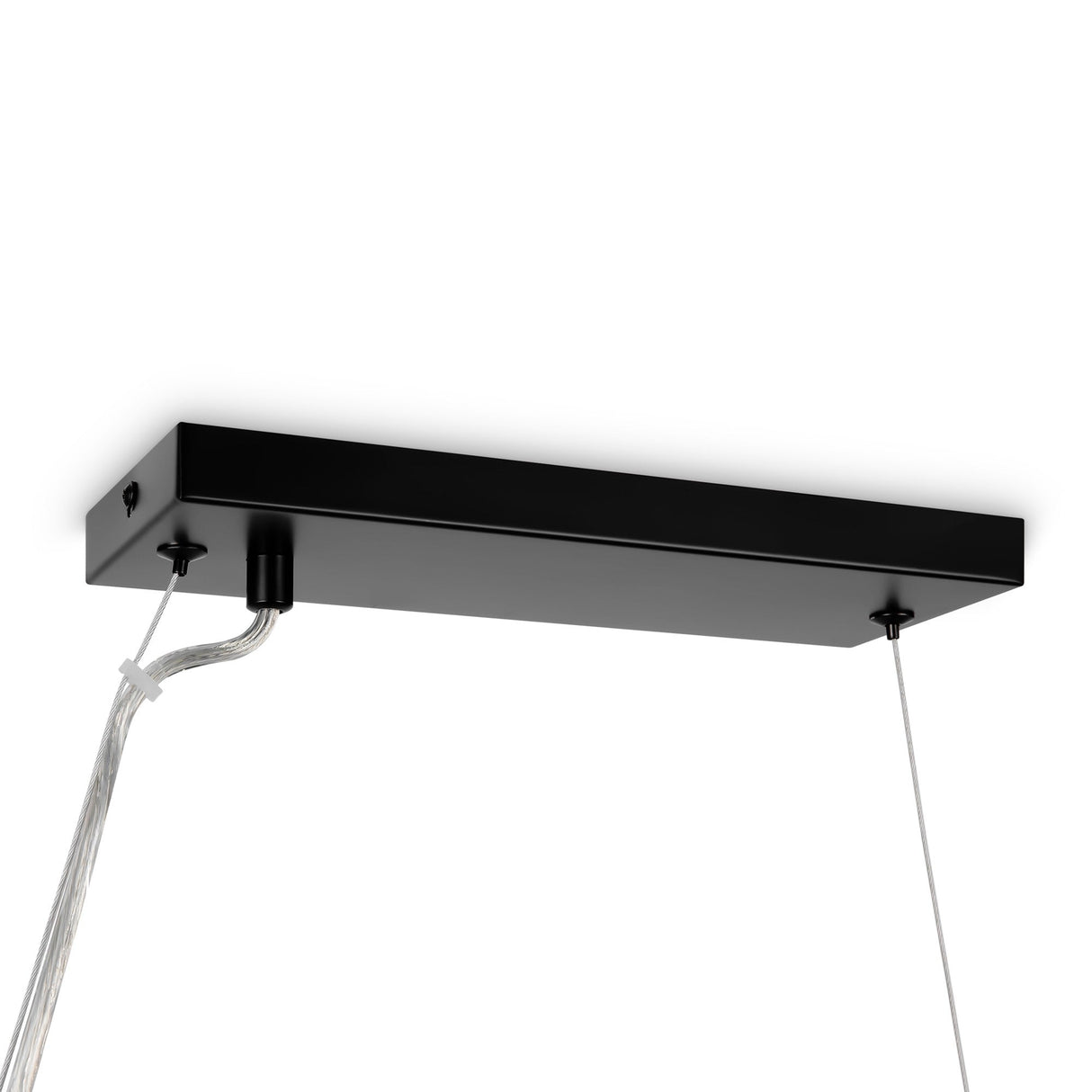 The Dallas 25 Light Linear Suspension in black with smoked glass features a rectangular ceiling canopy and transparent cables. It embodies modern lighting with a linear suspension on the right side and a circular entry on the left, accentuated by smoked glass elements.