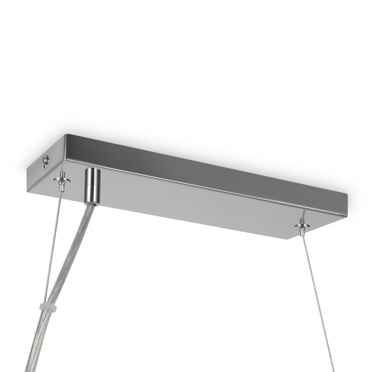 The Dallas 25 Light Linear Suspension combines a sleek rectangular metallic design with smoked glass, featuring two wires and simple attachment points in a polished chrome finish, ideal for modern interiors.