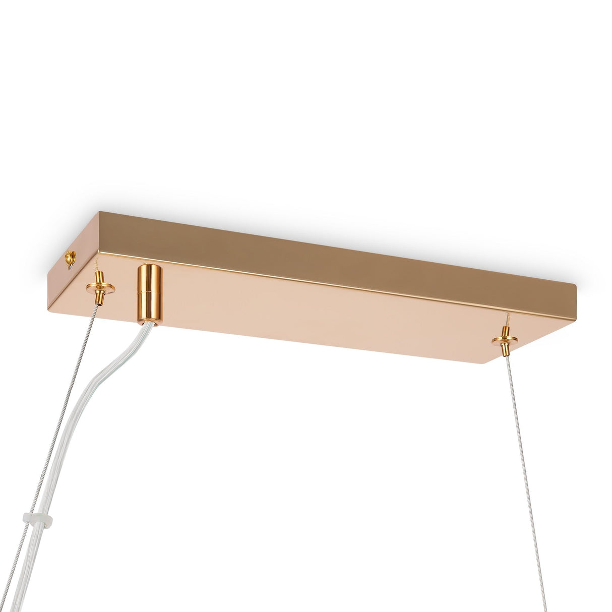 A close-up view of the elegant Dallas 25 Light Linear Suspension - Gold with Amber Glass, a rectangular metallic ceiling fixture. Its sleek design and hanging cables transform it into a luxurious statement piece in any space.