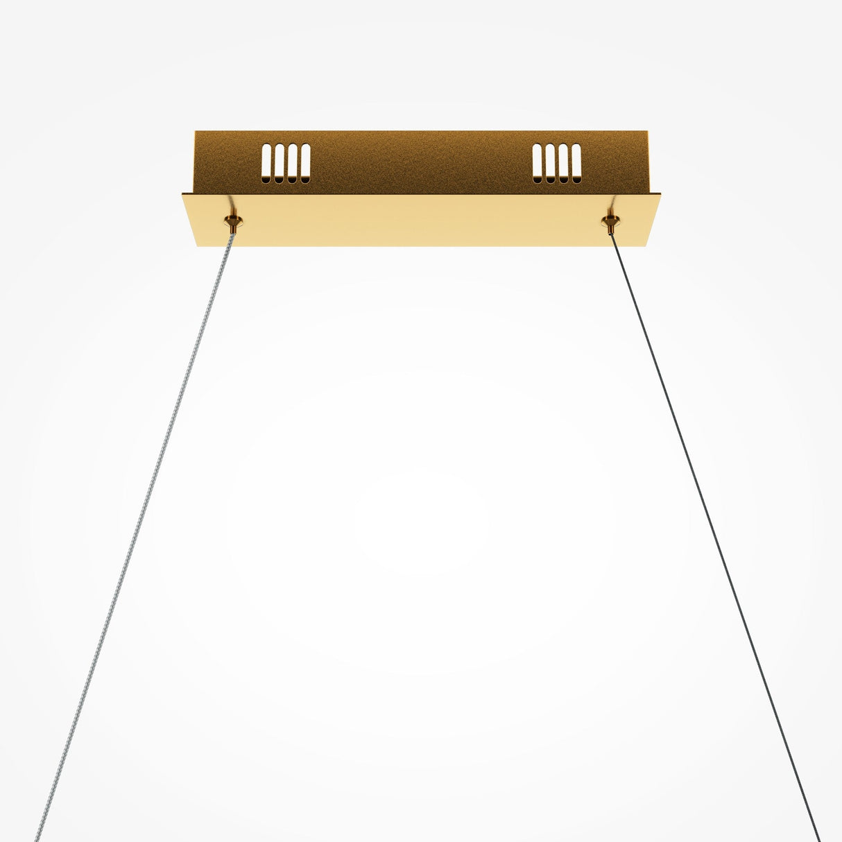 The Krone LED Long Crystal Linear Suspension Light - Brass is elegantly suspended by two slim cables, featuring a rectangular brass-colored base with four slits per side against a plain white background, epitomizing modern design.