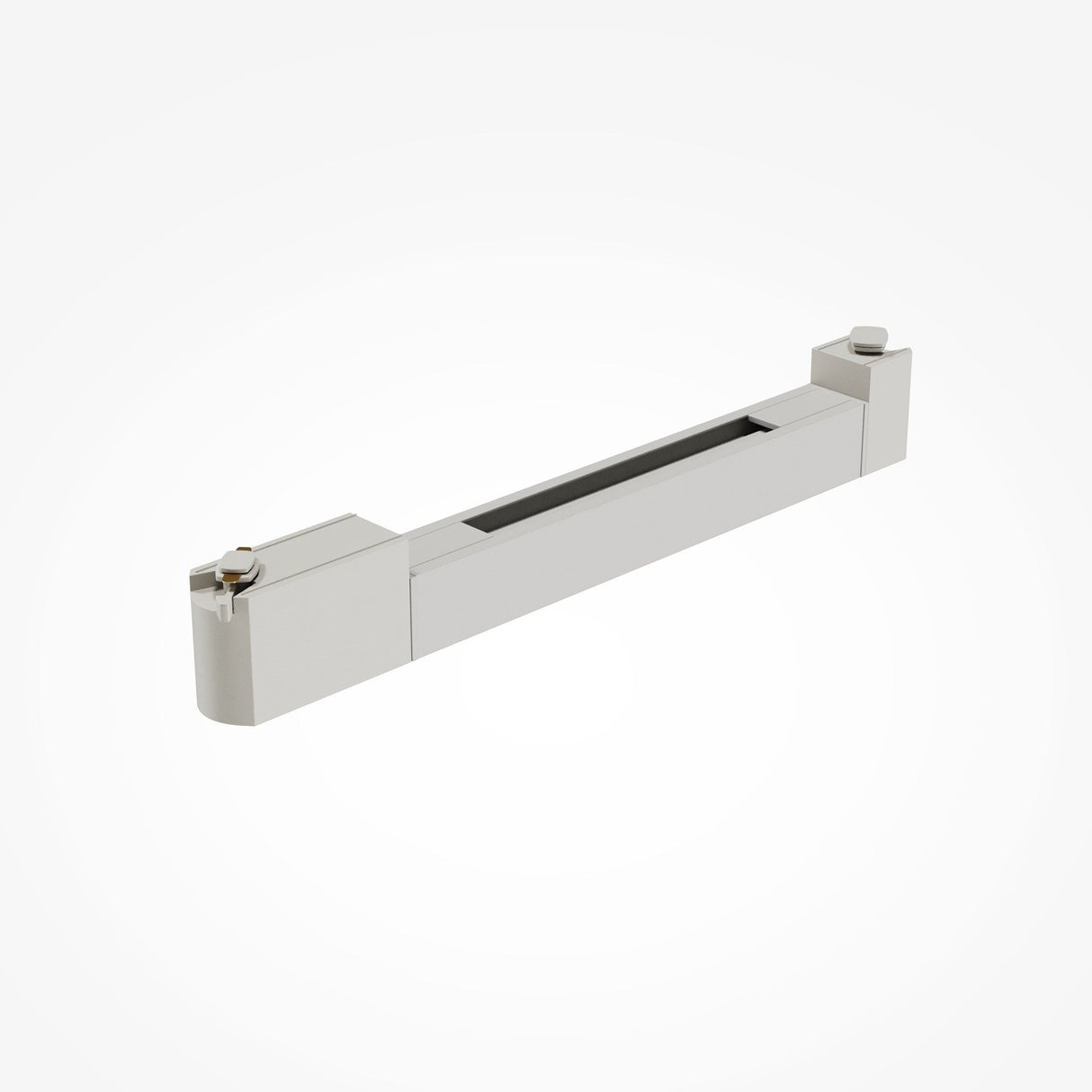 Rectangular metallic linear shower drain with a minimalist design, featuring a central opening for water flow, two circular end caps, and a smooth surface. Its modern finish complements spaces illuminated by Points Rot LED Swivel Linear Track Light on a plain white background.