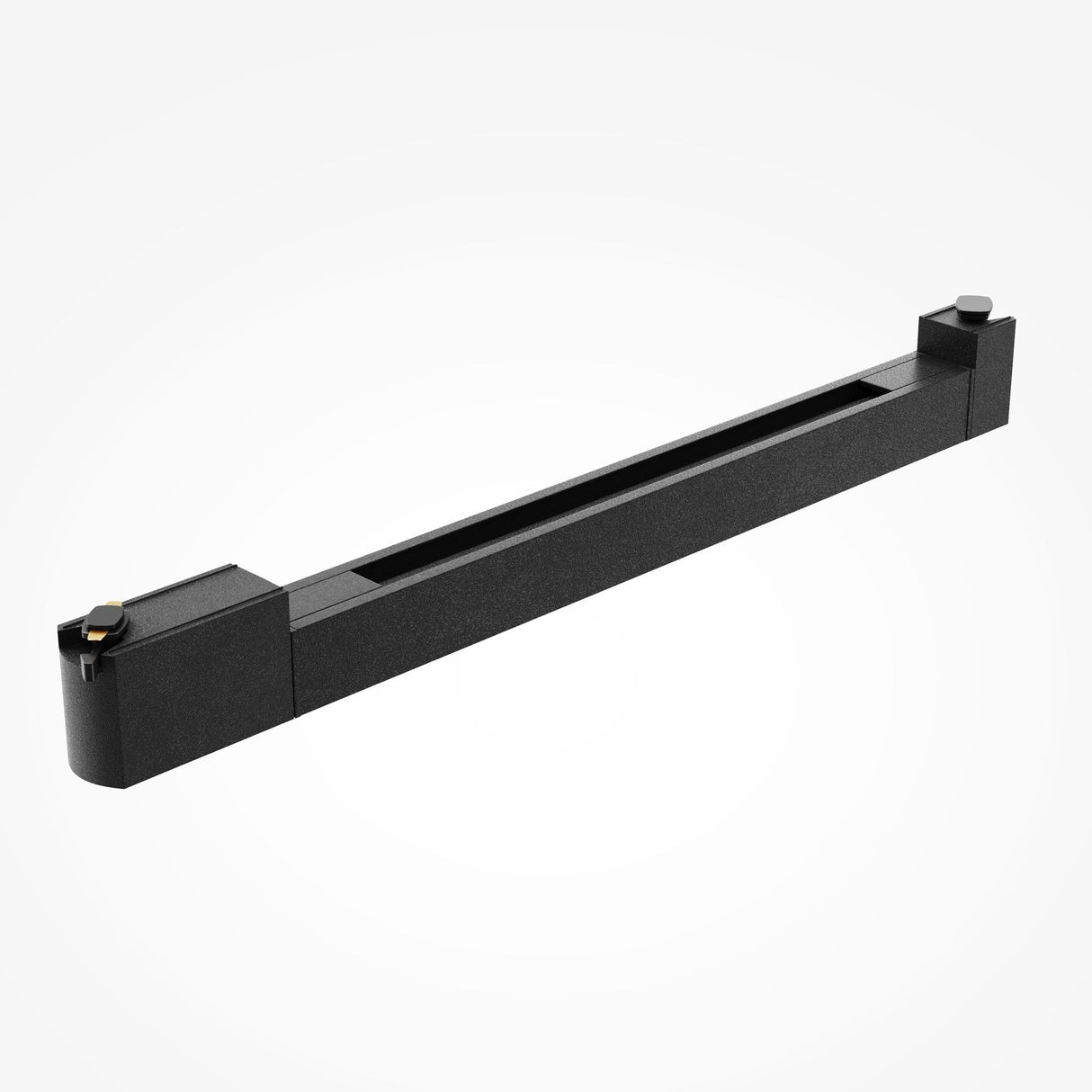 The Points Rot LED Swivel Linear Track Light for Single Phase Track Unity is a 22W, black, minimalist design light emitting a warm 3000K glow. It features a hollow center and two square ends, one with a gold accent.