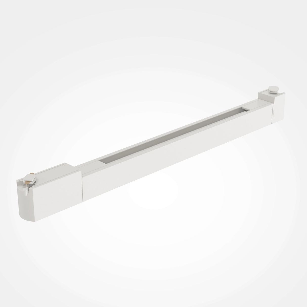 The Points Rot LED Swivel Linear Track Light for Single Phase Track Unity features a sleek, elongated rectangular design in white with small circular ends. It offers a minimalist style with high CRI and delivers 22W at 3000K on a plain light background.