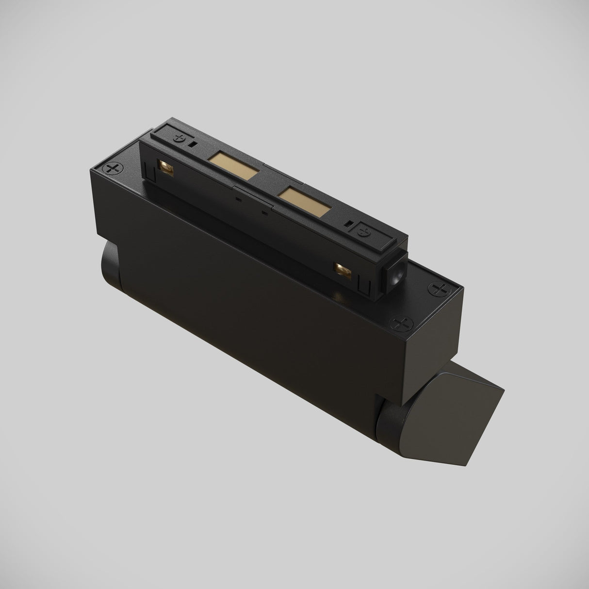 A black Basis Rot LED Adjustable Linear Track Light for Magnetic S35 10W 4000K, rectangular with connectors and gold contacts, is angled atop a rounded base against a light gray background.